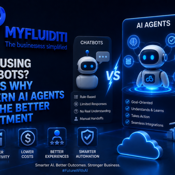 A 3D marketing graphic for MYFLUIDITI titled "STILL USING CHATBOTS? HERE’S WHY MODERN AI AGENTS ARE THE BETTER INVESTMENT." The image contrasts a simple customer service chatbot with an advanced AI agent character that stands inside a holographic interface surrounded by tool integration nodes and a rising growth bar graph.