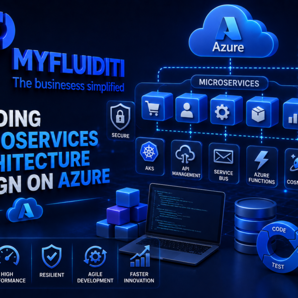 A 3D marketing graphic for MYFLUIDITI titled "BUILDING MICROSERVICES ARCHITECTURE DESIGN ON AZURE." The image illustrates a distributed cloud ecosystem showing a broken-down microservices row connected to a large glowing "Azure" cloud node, an open developer laptop, and various Microsoft cloud service icons like AKS, Cosmos DB, and Azure DevOps.