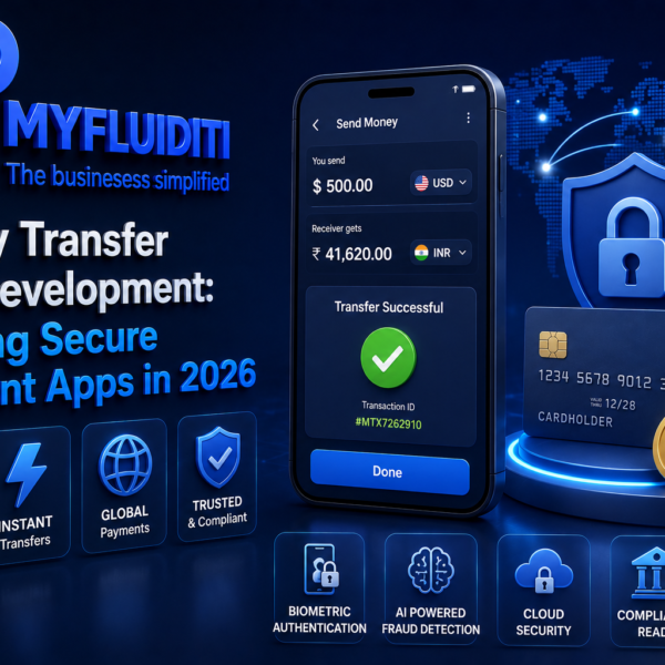 A 3D marketing graphic for MYFLUIDITI titled "Money Transfer App Development: Building Secure Payment Apps in 2026." The image displays a smartphone showing a "Transfer Successful" confirmation screen of a remittance from USD to INR, flanked by a secure credit card, a heavy padlock shield, a stack of gold dollar coins, and a glowing digital world map background.