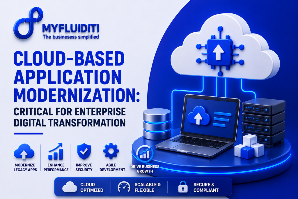 A 3D marketing graphic for MYFLUIDITI titled "CLOUD-BASED APPLICATION MODERNIZATION: CRITICAL FOR ENTERPRISE DIGITAL TRANSFORMATION." The image displays an open laptop showing a cloud-upload interface on a blue platform, wired directly to local hardware storage cylinders, a server blade tower, and a massive overhead cloud node containing an upward-pointing processor chip.