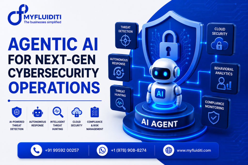 A 3D marketing graphic for MYFLUIDITI titled "AGENTIC AI FOR NEXT-GEN CYBERSECURITY OPERATIONS." The image features a white AI robot character standing on a blue pedestal labeled "AI AGENT" in front of a giant protective shield with a padlock, surrounded by floating operational nodes and company contact information at the bottom.