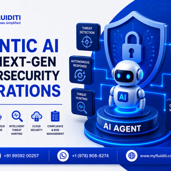 A 3D marketing graphic for MYFLUIDITI titled "AGENTIC AI FOR NEXT-GEN CYBERSECURITY OPERATIONS." The image features a white AI robot character standing on a blue pedestal labeled "AI AGENT" in front of a giant protective shield with a padlock, surrounded by floating operational nodes and company contact information at the bottom.