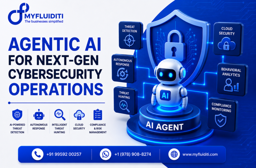 A 3D marketing graphic for MYFLUIDITI titled "AGENTIC AI FOR NEXT-GEN CYBERSECURITY OPERATIONS." The image features a white AI robot character standing on a blue pedestal labeled "AI AGENT" in front of a giant protective shield with a padlock, surrounded by floating operational nodes and company contact information at the bottom.