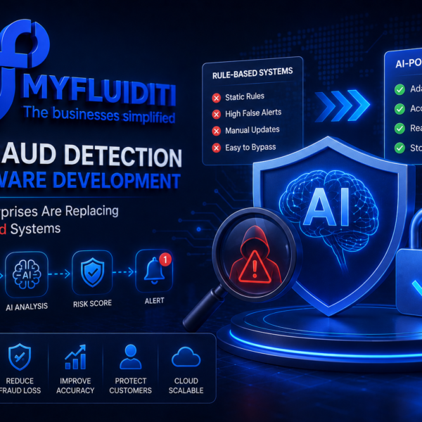 A 3D marketing graphic for MYFLUIDITI titled "AI FRAUD DETECTION SOFTWARE DEVELOPMENT." The image features a large security shield with a glowing AI brain, a magnifying glass exposing a red hacker icon, a locked padlock, and a comparison table between rule-based and AI-powered systems.