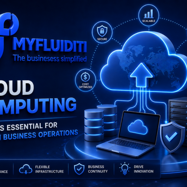 A 3D marketing graphic for MYFLUIDITI titled "CLOUD COMPUTING: WHY IT'S ESSENTIAL FOR MODERN BUSINESS OPERATIONS." The image features a laptop displaying a cloud icon, connected to local database cylinders, a server tower with a protective shield, and a large glowing overhead cloud node with an upload arrow.