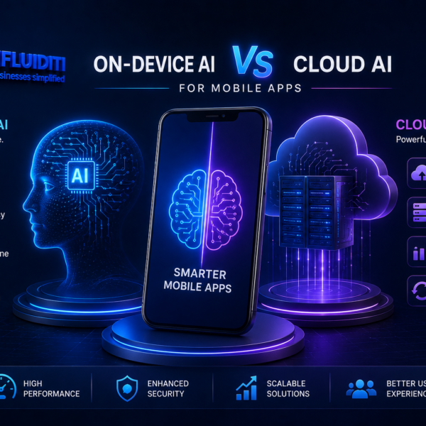 A 3D promotional graphic for MYFLUIDITI comparing "ON-DEVICE AI VS CLOUD AI FOR MOBILE APPS." The image features a central smartphone displaying a split digital brain, flanked by a glowing blue holographic human head for edge computing and a neon purple cloud housing server racks for cloud architecture.