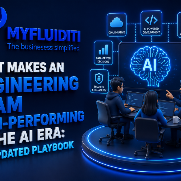 A 3D promotional graphic for MYFLUIDITI titled "WHAT MAKES AN ENGINEERING TEAM HIGH-PERFORMING IN THE AI ERA: THE UPDATED PLAYBOOK." The image depicts three developers working at a curved desk with laptops, looking up at a large monitor displaying a glowing blue AI circuit brain surrounded by technical operational icons.