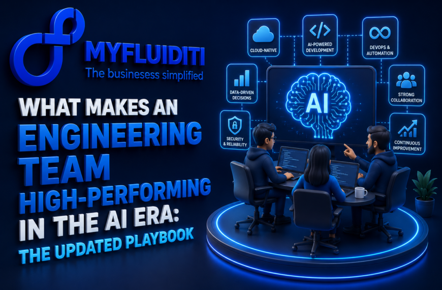 A 3D promotional graphic for MYFLUIDITI titled "WHAT MAKES AN ENGINEERING TEAM HIGH-PERFORMING IN THE AI ERA: THE UPDATED PLAYBOOK." The image depicts three developers working at a curved desk with laptops, looking up at a large monitor displaying a glowing blue AI circuit brain surrounded by technical operational icons.