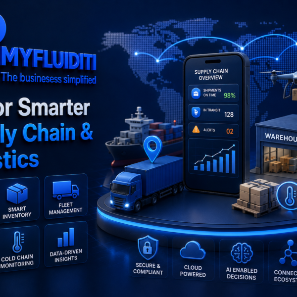 An informational technology graphic showing a smartphone displaying a supply chain dashboard, surrounded by a cargo ship, a delivery truck, a drone, and a mini-warehouse facility on a circular neon platform.