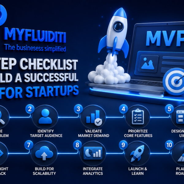 A 3D marketing graphic for MYFLUIDITI titled "10-STEP CHECKLIST TO BUILD A SUCCESSFUL MVP FOR STARTUPS." The image features an open laptop displaying "MVP" on its screen, a cartoon rocket blasting off from behind it, a bullseye target with an arrow, a rising bar graph, and an indexed 10-step horizontal roadmap diagram mapping out the product development lifecycle.