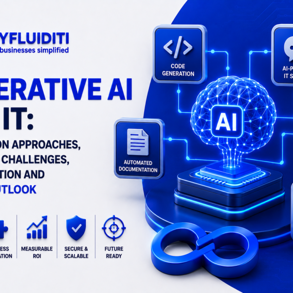 A 3D marketing graphic for MYFLUIDITI titled "GENERATIVE AI FOR IT: INTEGRATION APPROACHES, USE CASES, CHALLENGES, ROI EVALUATION AND FUTURE OUTLOOK." The image features a glowing blue circuit brain labeled "AI" standing on a raised circular platform next to a metallic infinity loop, with connected nodes branching out to various IT use cases.