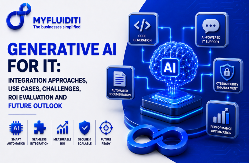 A 3D marketing graphic for MYFLUIDITI titled "GENERATIVE AI FOR IT: INTEGRATION APPROACHES, USE CASES, CHALLENGES, ROI EVALUATION AND FUTURE OUTLOOK." The image features a glowing blue circuit brain labeled "AI" standing on a raised circular platform next to a metallic infinity loop, with connected nodes branching out to various IT use cases.