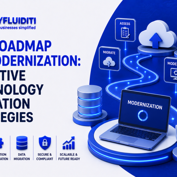A promotional banner for "MYFLUIDITI" titled "The Roadmap to Modernization: Effective Technology Migration Strategies," featuring a 3D graphic layout showing a glowing path that connects a laptop to database servers, data storage stacks, and cloud infrastructure platforms.