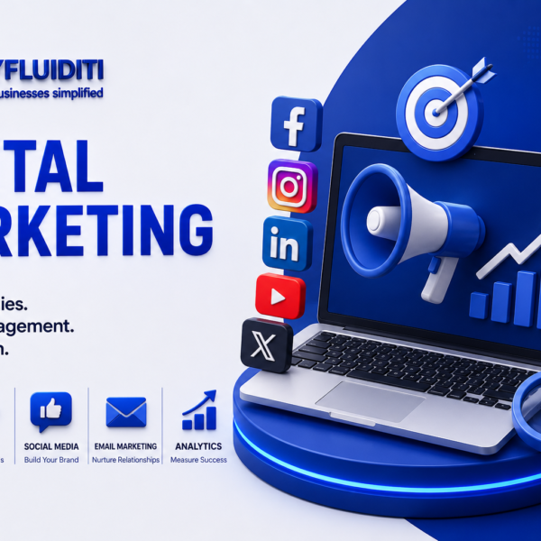 A 3D marketing graphic for MYFLUIDITI titled "DIGITAL MARKETING." The image features an open laptop on a blue pedestal with a large megaphone emerging from its screen, surrounded by floating social media app icons, a target with an arrow, a rising trend bar chart, an ad layout block, and a magnifying glass.
