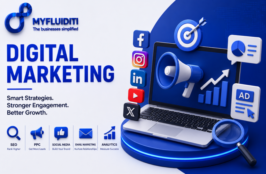 A 3D marketing graphic for MYFLUIDITI titled "DIGITAL MARKETING." The image features an open laptop on a blue pedestal with a large megaphone emerging from its screen, surrounded by floating social media app icons, a target with an arrow, a rising trend bar chart, an ad layout block, and a magnifying glass.