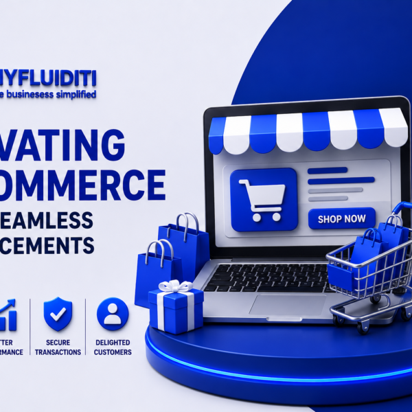 A 3D marketing graphic for MYFLUIDITI titled "ELEVATING E-COMMERCE WITH SEAMLESS ENHANCEMENTS." The image displays an open laptop configured as a digital storefront with a blue and white striped awning and a "SHOP NOW" button, surrounded by shopping bags, a wrapped gift box, a miniature shopping cart, and stacked retail service feature blocks.