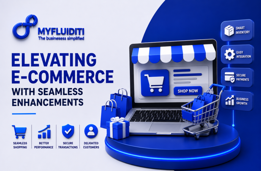 A 3D marketing graphic for MYFLUIDITI titled "ELEVATING E-COMMERCE WITH SEAMLESS ENHANCEMENTS." The image displays an open laptop configured as a digital storefront with a blue and white striped awning and a "SHOP NOW" button, surrounded by shopping bags, a wrapped gift box, a miniature shopping cart, and stacked retail service feature blocks.