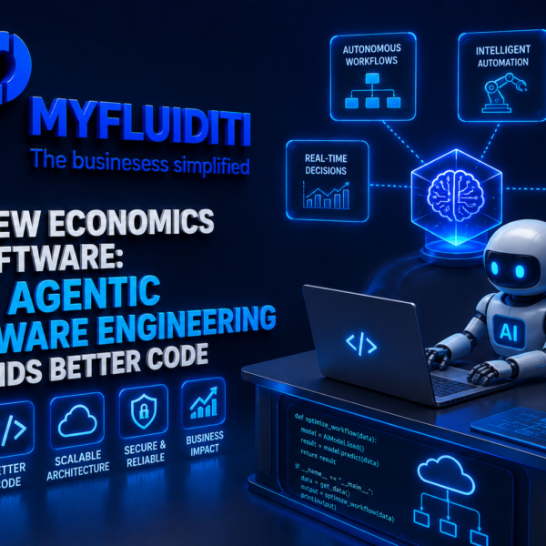 A 3D marketing graphic for MYFLUIDITI titled "THE NEW ECONOMICS OF SOFTWARE: WHY AGENTIC SOFTWARE ENGINEERING DEMANDS BETTER CODE." The image features a small white robot programming at a desk with a laptop, surrounded by glowing tech diagrams and code blocks.