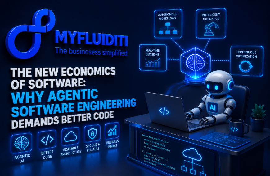 A 3D marketing graphic for MYFLUIDITI titled "THE NEW ECONOMICS OF SOFTWARE: WHY AGENTIC SOFTWARE ENGINEERING DEMANDS BETTER CODE." The image features a small white robot programming at a desk with a laptop, surrounded by glowing tech diagrams and code blocks.