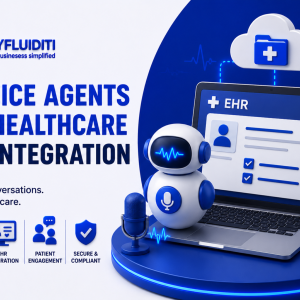 A 3D marketing graphic for MYFLUIDITI titled "AI VOICE AGENTS FOR HEALTHCARE EHR INTEGRATION." The image features a small white and blue robot with a microphone icon on its chest standing on a blue pedestal next to a studio microphone and an open laptop displaying an "+ EHR" interface with verified patient checkboxes.