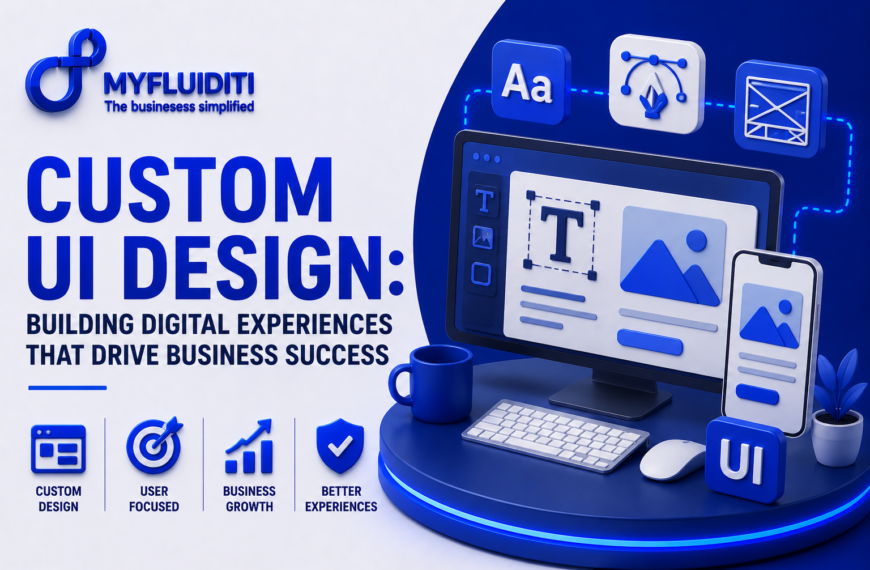 A 3D marketing graphic for MYFLUIDITI titled "CUSTOM UI DESIGN: BUILDING DIGITAL EXPERIENCES THAT DRIVE BUSINESS SUCCESS." The image features a desktop computer displaying a web layout wireframe on a circular blue pedestal, flanked by a smartphone showcasing a mobile UI, a blue coffee mug, a wireless keyboard and mouse, and floating design tool icons.