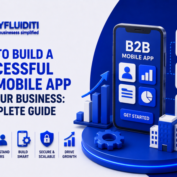 A 3D marketing graphic for MYFLUIDITI titled "HOW TO BUILD A SUCCESSFUL B2B MOBILE APP FOR YOUR BUSINESS: A COMPLETE GUIDE." The image displays a large smartphone showing a "B2B MOBILE APP" interface with modular data blocks and a "GET STARTED" button, positioned on a blue pedestal next to an upward-trending bar graph, corporate office buildings, and a mechanical gear.