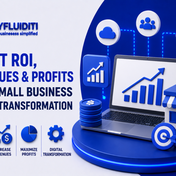 A 3D marketing graphic for MYFLUIDITI titled "BOOST ROI, REVENUES & PROFITS WITH SMALL BUSINESS DIGITAL TRANSFORMATION." The image shows an open laptop displaying an upward-trending bar chart on a circular blue pedestal, flanked by a miniature physical storefront model, a stack of blue dollar-sign coins, a bullseye target with an arrow, and floating digital network icons.