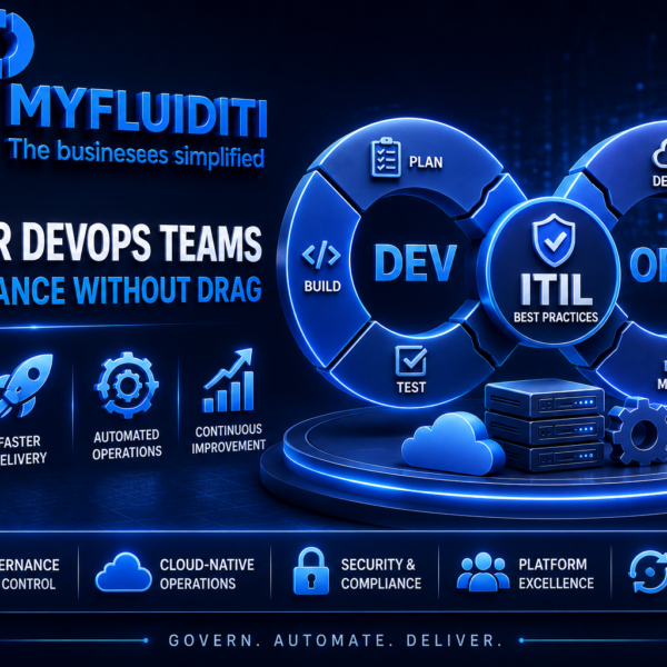 A 3D marketing graphic for MYFLUIDITI titled "ITIL FOR DEVOPS TEAMS: GOVERNANCE WITHOUT DRAG." The image displays a large metallic infinity loop split into "DEV" and "OPS" with a central shield icon labeled "ITIL BEST PRACTICES," surrounded by lifecycle nodes and enterprise server models.