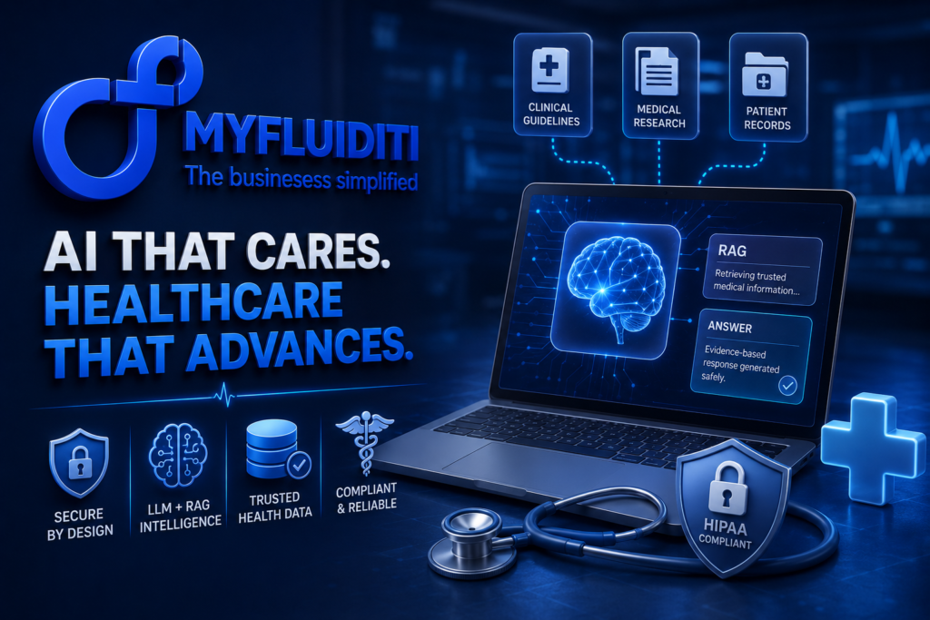 A 3D marketing graphic for MYFLUIDITI titled "AI THAT CARES. HEALTHCARE THAT ADVANCES." The image features a laptop displaying a glowing brain circuit interface tracking RAG (Retrieval-Augmented Generation) medical data pipelines, surrounded by a stethoscope, a medical cross, and a HIPAA-compliant shield node.