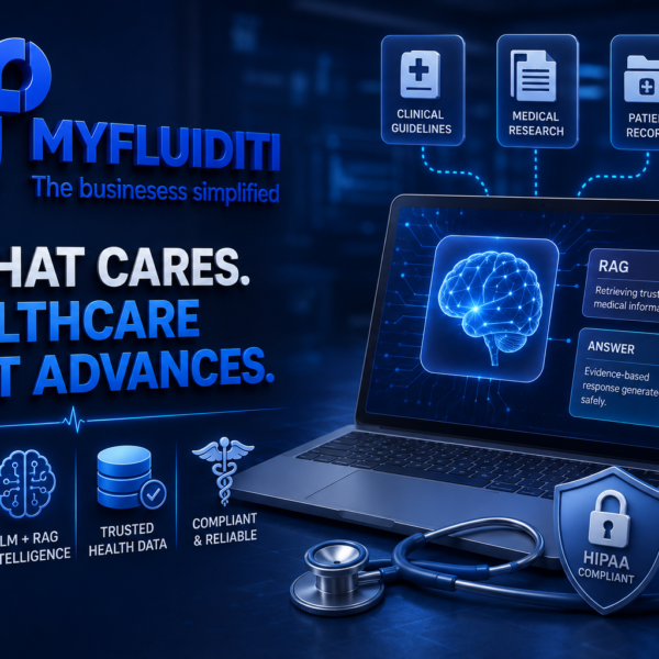 A 3D marketing graphic for MYFLUIDITI titled "AI THAT CARES. HEALTHCARE THAT ADVANCES." The image features a laptop displaying a glowing brain circuit interface tracking RAG (Retrieval-Augmented Generation) medical data pipelines, surrounded by a stethoscope, a medical cross, and a HIPAA-compliant shield node.