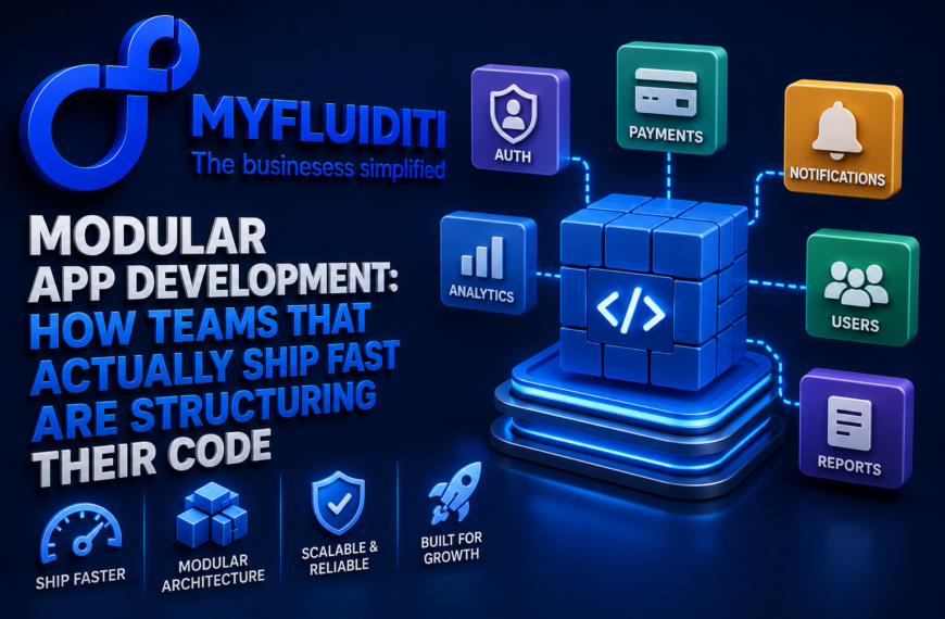 A 3D marketing graphic for MYFLUIDITI titled "MODULAR APP DEVELOPMENT: HOW TEAMS THAT ACTUALLY SHIP FAST ARE STRUCTURING THEIR CODE." The image displays a central glowing Rubik's-style cube with a code symbol, surrounded by colorful plug-in architectural blocks representing authentication, payments, notifications, users, reports, and analytics.