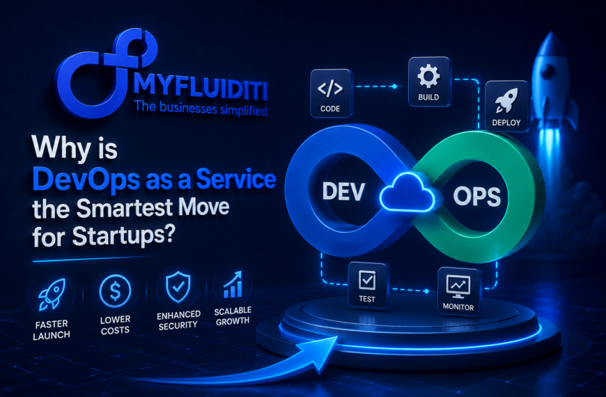 A 3D marketing graphic for MYFLUIDITI asking "Why is DevOps as a Service the Smartest Move for Startups?" The image highlights a large infinity loop split into blue "DEV" and green "OPS" sections with a central cloud icon, surrounded by a launch rocket and development lifecycle panels.