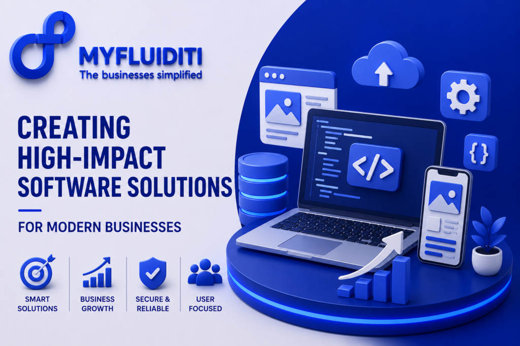 An informational corporate marketing banner showing a 3D digital illustration of a multi-tiered blue circular stage structure connecting six floating business benefit badges around a central infinity logo.