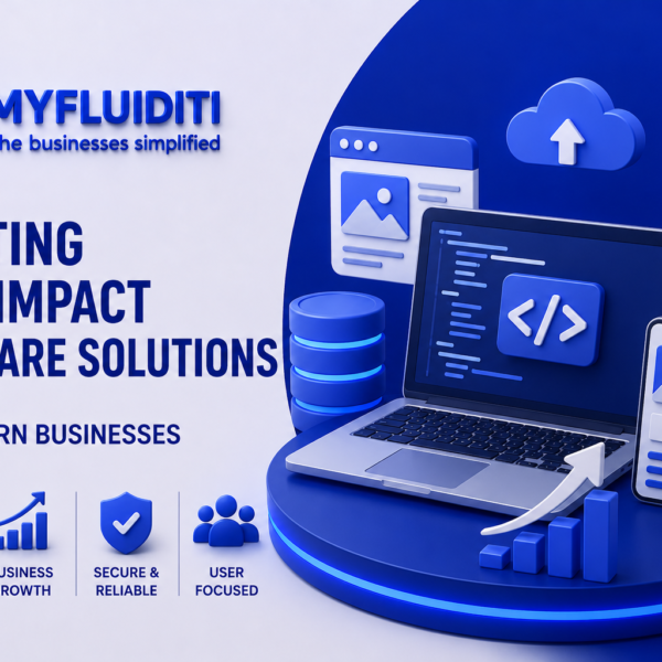 An informational corporate marketing banner showing a 3D digital illustration of a multi-tiered blue circular stage structure connecting six floating business benefit badges around a central infinity logo.