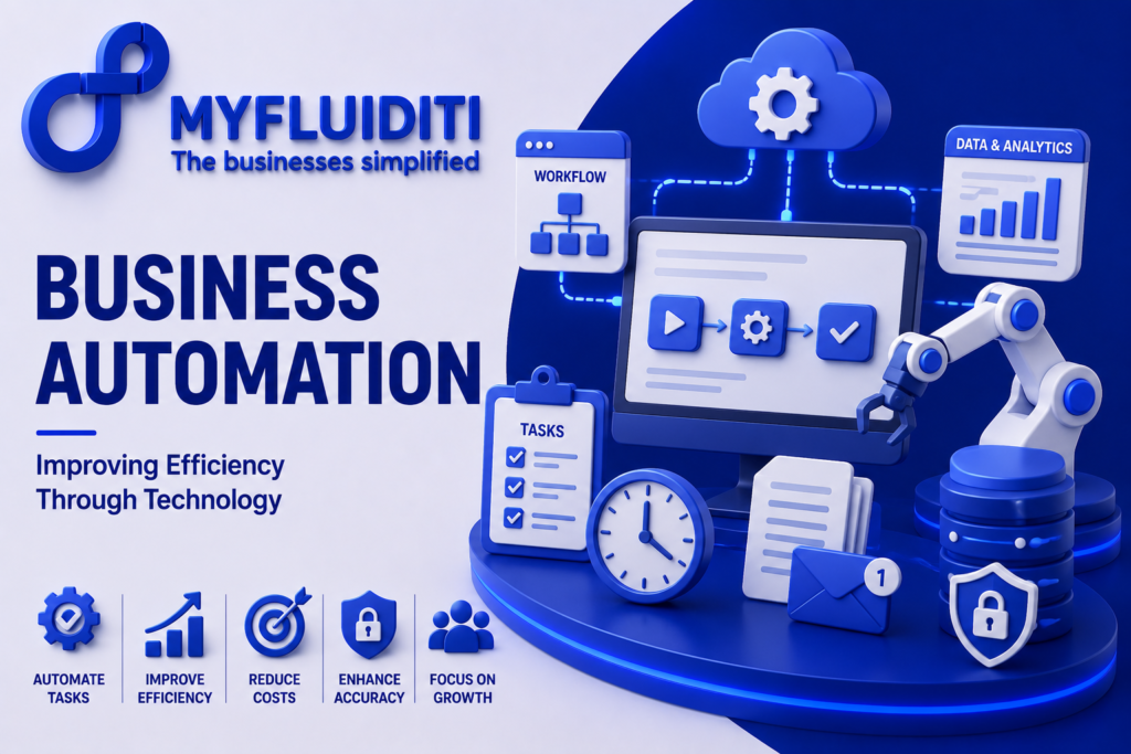 A 3D marketing graphic for MYFLUIDITI titled "BUSINESS AUTOMATION: Improving Efficiency Through Technology." The image features a desktop computer monitor displaying a step-by-step process flowchart on a circular blue pedestal, surrounded by a mechanical robotic arm, a "TASKS" checklist clipboard, an analog clock, a notification envelope next to documents, stacked database cylinders with a security shield, and floating ecosystem nodes for a "WORKFLOW" chart and "DATA & ANALYTICS" graphs connected to an overhead cloud gear node.