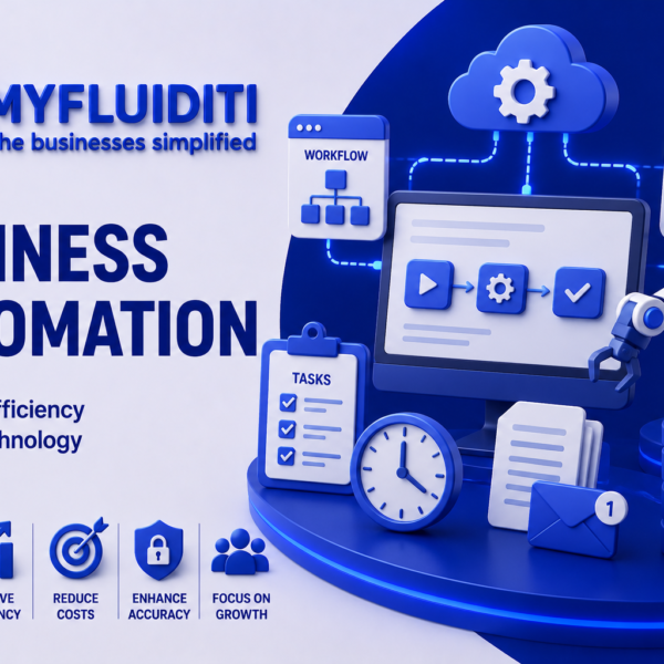 A 3D marketing graphic for MYFLUIDITI titled "BUSINESS AUTOMATION: Improving Efficiency Through Technology." The image features a desktop computer monitor displaying a step-by-step process flowchart on a circular blue pedestal, surrounded by a mechanical robotic arm, a "TASKS" checklist clipboard, an analog clock, a notification envelope next to documents, stacked database cylinders with a security shield, and floating ecosystem nodes for a "WORKFLOW" chart and "DATA & ANALYTICS" graphs connected to an overhead cloud gear node.