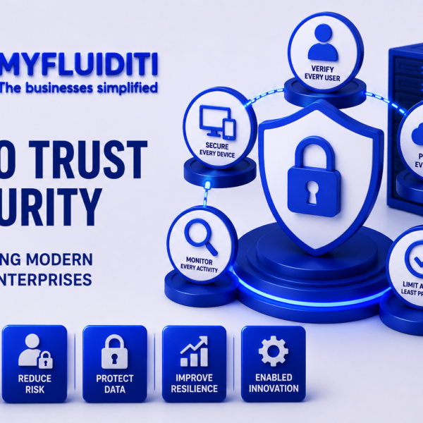 A 3D marketing graphic for MYFLUIDITI titled "ZERO TRUST SECURITY: PROTECTING MODERN DIGITAL ENTERPRISES." The image features a large centralized network hub with a padlocked security shield on a circular blue pedestal, connected via circular circuit pathways to five surrounding security pillars—including secure every device, verify every user, protect every data, limit access least privilege, and monitor every activity—flanked by tall data server racks and a standalone cloud padlock icon.