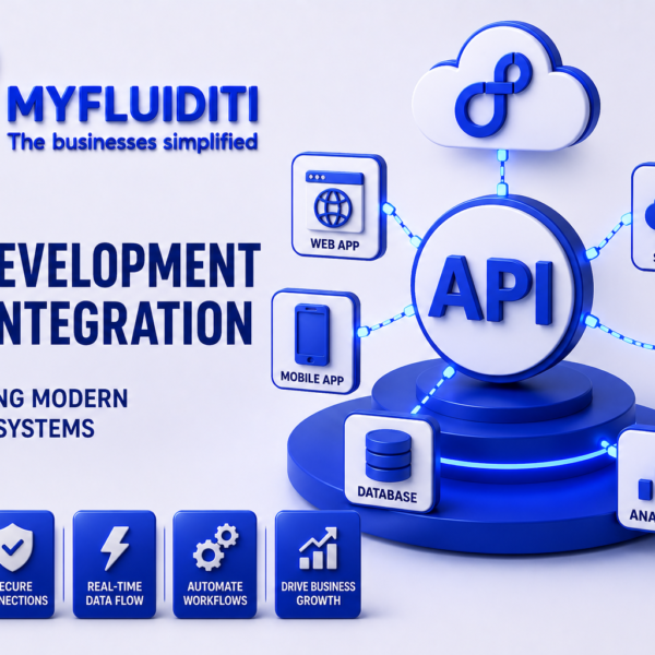 A 3D marketing graphic for MYFLUIDITI titled "API DEVELOPMENT AND INTEGRATION: CONNECTING MODERN BUSINESS SYSTEMS." The image features a large centralized network hub labeled "API" on a circular blue pedestal, connected via glowing blue circuit lines to six surrounding service blocks—including web app, mobile app, database, analytics, enterprise system, and cloud service—flanked by an overhead cloud graphic featuring the MYFLUIDITI infinity logo.