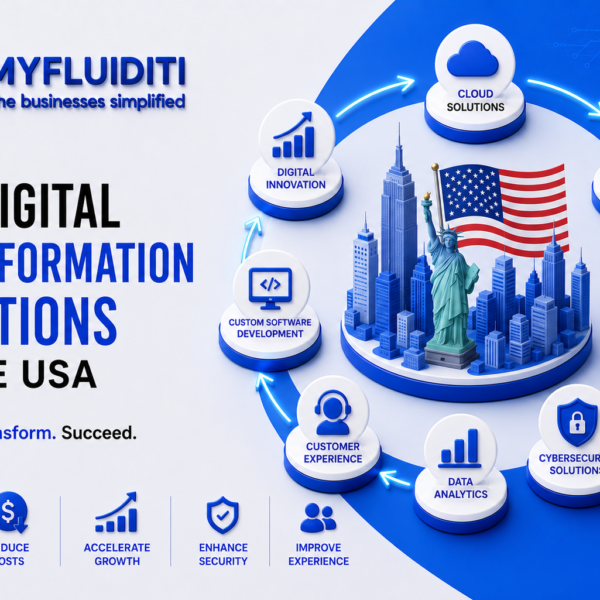 A 3D marketing graphic for MYFLUIDITI titled "TOP DIGITAL TRANSFORMATION SOLUTIONS IN THE USA." The image features a detailed 3D miniature city skyline including the Statue of Liberty and the American flag on a central circular blue pedestal, surrounded by a ring of eight digital transformation service modules—including Cloud Solutions, Business Automation, Mobile App Development, Cybersecurity Solutions, Data Analytics, Customer Experience, Custom Software Development, and Digital Innovation.