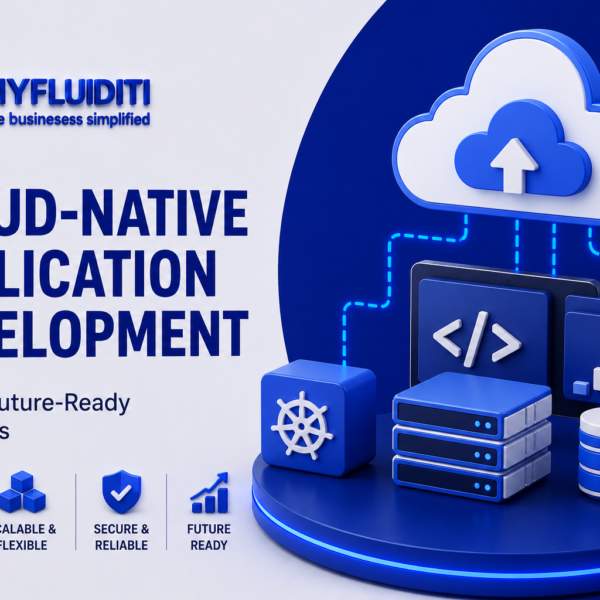 A 3D marketing graphic for MYFLUIDITI titled "CLOUD-NATIVE APPLICATION DEVELOPMENT: Building Future-Ready Businesses." The image displays a centralized infrastructure stack on a circular blue pedestal featuring database server racks, a Kubernetes helm icon block, a code symbol tile, a data chart card, and a security shield, all wired to a large overhead cloud node with an upload arrow.