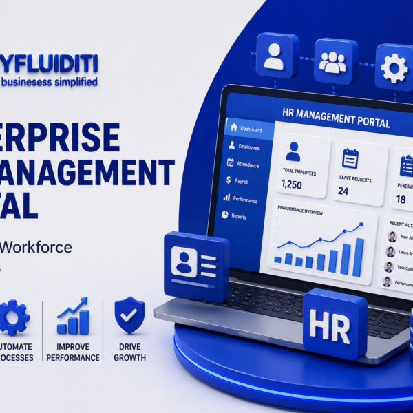A 3D marketing graphic for MYFLUIDITI titled "ENTERPRISE HR MANAGEMENT PORTAL For Digital Workforce Operations." The image displays an open laptop showcasing an "HR MANAGEMENT PORTAL" dashboard filled with workforce metrics, a performance overview graph, recent activity feeds, and surrounding HR operational components on a circular blue pedestal.