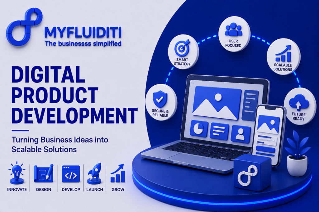 An informational corporate marketing banner showing a 3D digital illustration of an open laptop and smartphone showcasing website user interface designs on a blue circular stage, surrounded by floating service benefit badges.