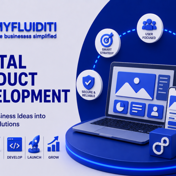 An informational corporate marketing banner showing a 3D digital illustration of an open laptop and smartphone showcasing website user interface designs on a blue circular stage, surrounded by floating service benefit badges.