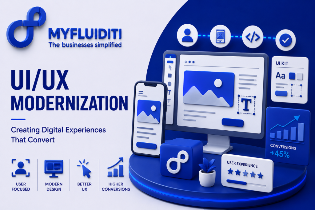 A 3D marketing graphic for MYFLUIDITI titled "UI/UX MODERNIZATION: Creating Digital Experiences That Convert." The image features a desktop monitor displaying a modern web interface on a circular blue pedestal, accompanied by a smartphone with a responsive mobile interface, a company logo cube, a small potted plant, a 5-star user experience rating widget, a metrics card showing "+45% CONVERSIONS," and floating web design tool components.