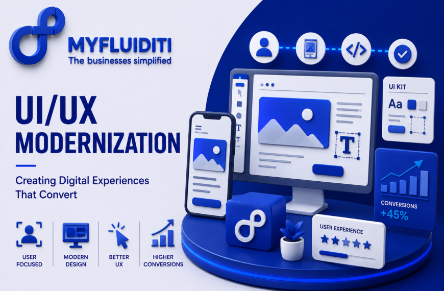A 3D marketing graphic for MYFLUIDITI titled "UI/UX MODERNIZATION: Creating Digital Experiences That Convert." The image features a desktop monitor displaying a modern web interface on a circular blue pedestal, accompanied by a smartphone with a responsive mobile interface, a company logo cube, a small potted plant, a 5-star user experience rating widget, a metrics card showing "+45% CONVERSIONS," and floating web design tool components.