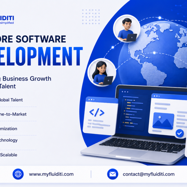 A marketing graphic for MYFLUIDITI titled "OFFSHORE SOFTWARE DEVELOPMENT: Accelerating Business Growth with Global Talent." The image shows three professional software engineers working on laptops at a reflective desk set against a glowing digital wireframe globe, floating technology icons (cloud, code brackets, AI microchip, mechanical gear), six core benefit badges on the left, and three service model highlights at the bottom.