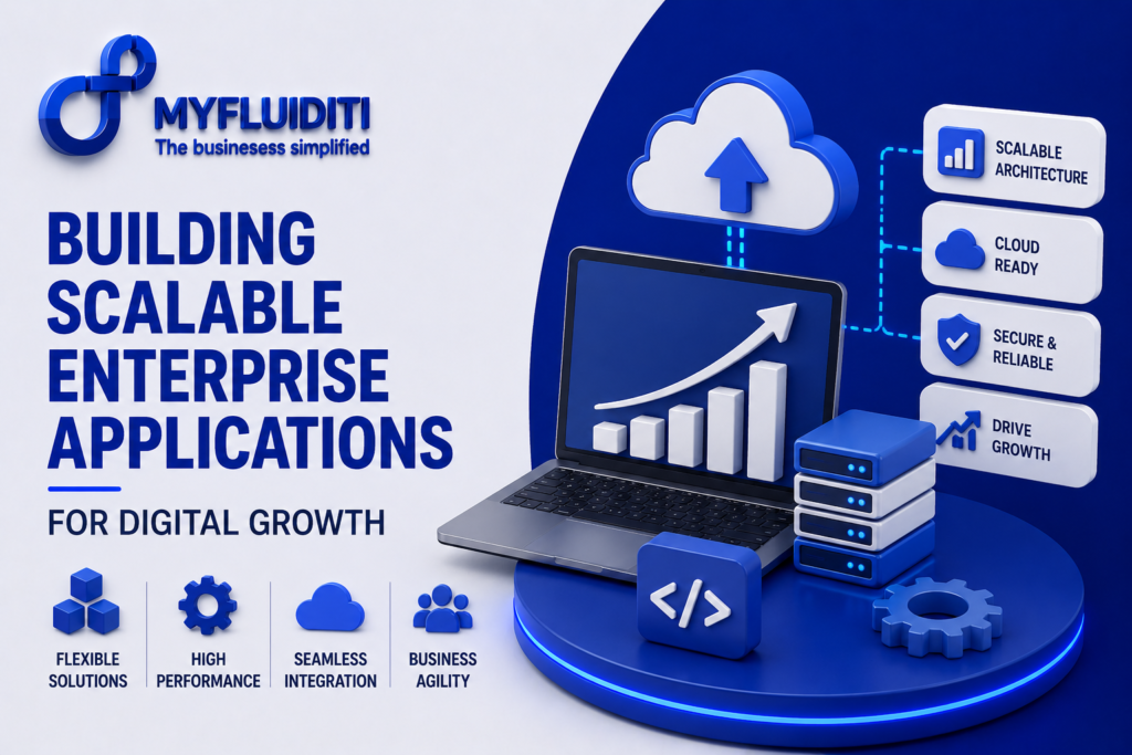 A 3D marketing graphic for MYFLUIDITI titled "BUILDING SCALABLE ENTERPRISE APPLICATIONS FOR DIGITAL GROWTH." The image displays an open laptop showcasing an upward-trending bar chart on a circular blue platform, wired to an overhead cloud node with an upload arrow, a server rack database stack, a mechanical gear, and a standalone code symbol block.
