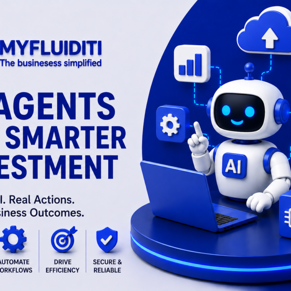 A 3D marketing graphic for MYFLUIDITI titled "AI AGENTS THE SMARTER INVESTMENT." The image features a white AI robot character sitting behind an open blue laptop on a circular pedestal, pointing upward toward interconnected floating operational service nodes and a large cloud graphic with an upload arrow.
