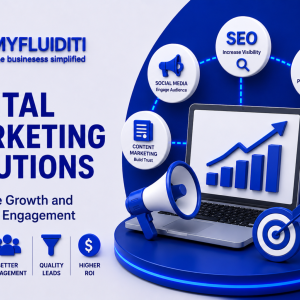 A 3D marketing graphic for MYFLUIDITI titled "DIGITAL MARKETING SOLUTIONS That Drive Growth and Customer Engagement." The image displays an open laptop showing an upward-trending growth bar chart on a circular blue pedestal, flanked by a 3D megaphone, a bullseye target with an arrow, and a semi-circular array of floating marketing strategy nodes.