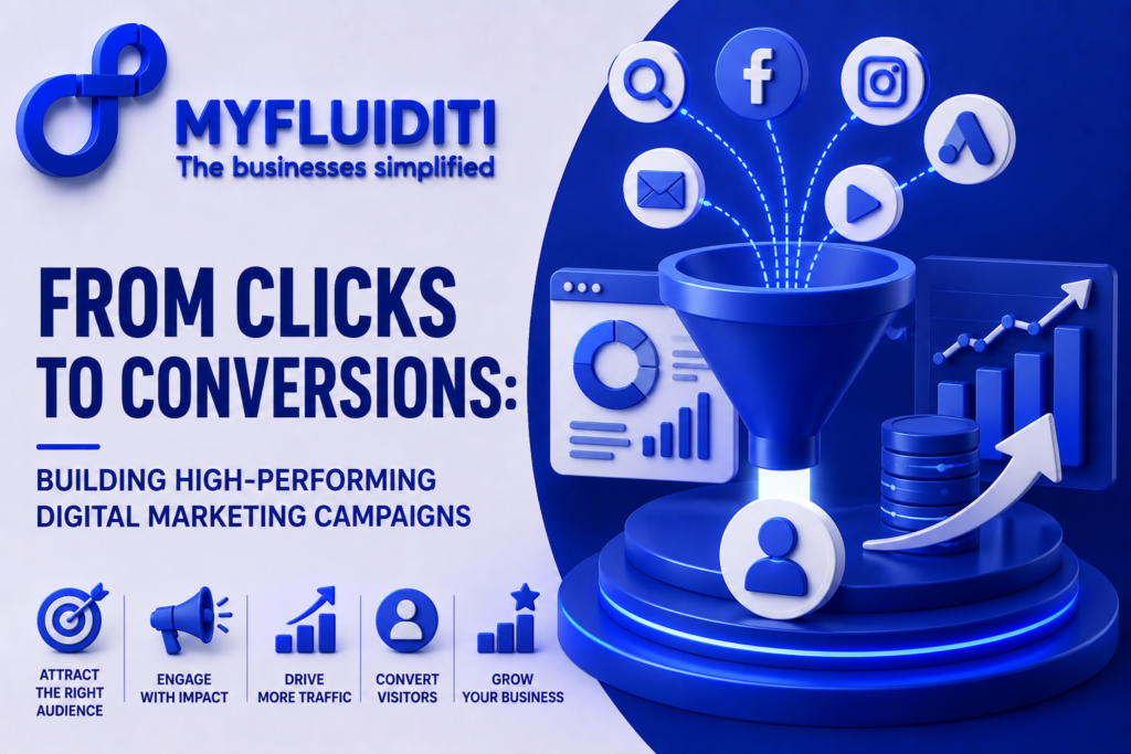 A 3D marketing graphic for MYFLUIDITI titled "FROM CLICKS TO CONVERSIONS: BUILDING HIGH-PERFORMING DIGITAL MARKETING CAMPAIGNS." The image displays a large blue marketing funnel on a circular pedestal, filtering various floating channel icons—including search, social media, email, and video—down into a centralized user profile node, flanked by a data analytics dashboard, a rising growth bar chart, and stacked database cylinders.